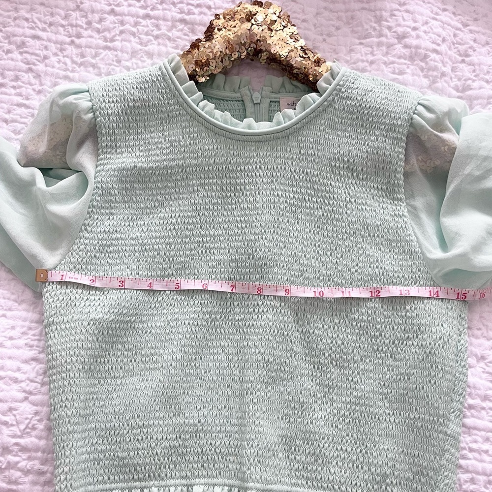 Aritzia Wilfred Pale Mint Smocked Chiffon Ruffle Temptest Top Cottagecore - Picture 6 of 8
